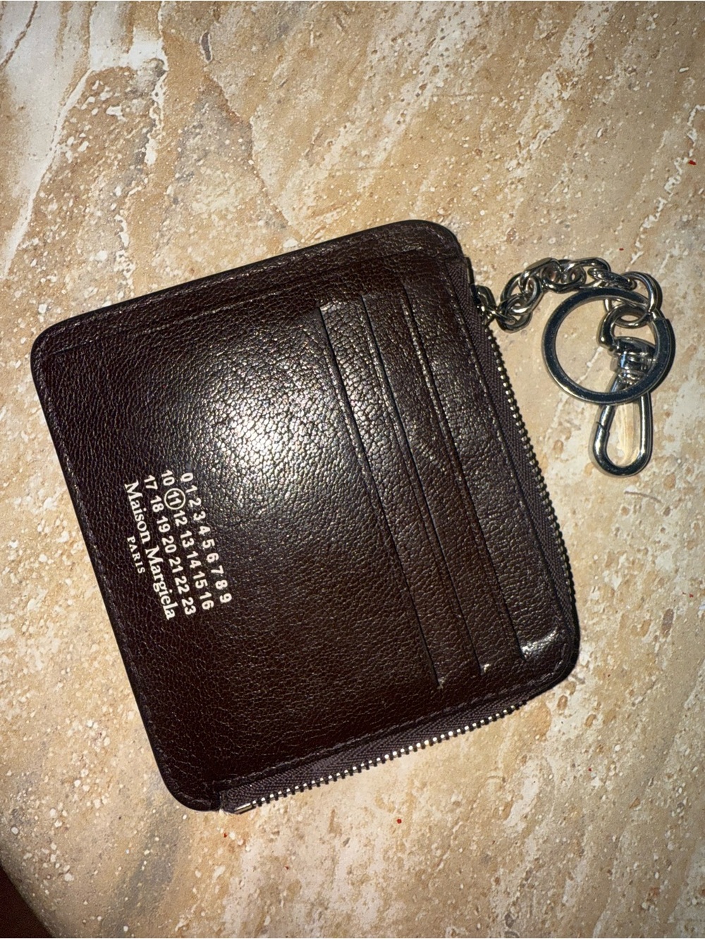 Maison Margiela Men's Dark Brown Leather Zip Cardholder Wallet with Key Ring